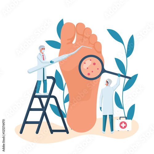 Podiatry concept. Landing Page feet treatment. Doctors podiatrists inspect and treat the feet. Pathology and Illness treatment. Clinic podology. Vector illustration flat design.