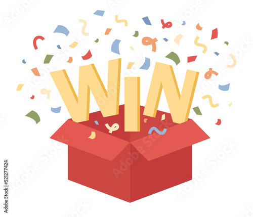 Win icon. Open red box with confetti explosion inside and WIN word. Winner concept. Vector flat illustration 