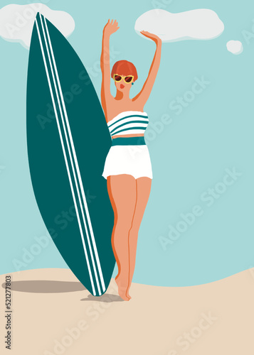 Dessin d'une pinup vintage et planche de surf sur la plage