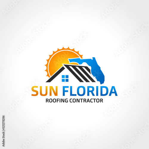 Colorful sunny house logo vector with home roof and bright sun