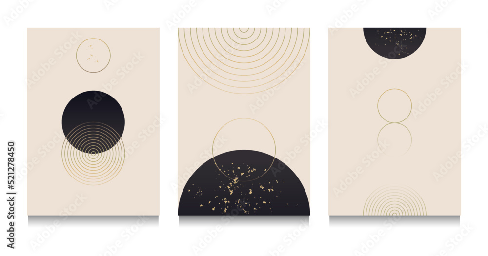 Abstract, triple, geometric wall art. Printable, luxury decor for home interior. Modern, trendy, contemporary composition set. Vector design in black, beige and gold.