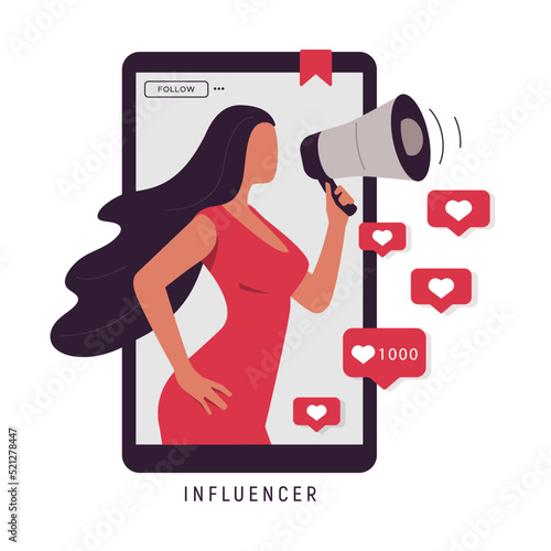 Leader woman, social media influencer, confident blogger concept. Isolated vector illustration of female in red dress with loud speaker.