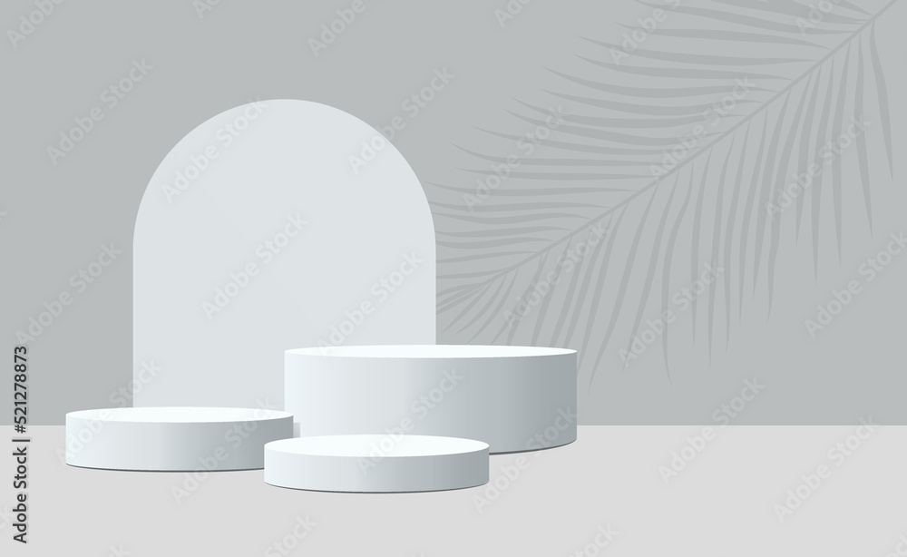 vector of three empty podiums of different heights. gray podiums on a gray background with a round arch in the background vector of three empty podiums of different heights. gray podiums on a gray background with a round arch in the background