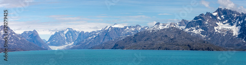 Panoramic view of the mountains and glaciers in Evighedsfjord, Greenland
