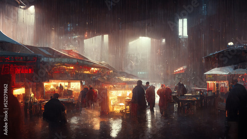 Fantasy Futuristic Chinatown Market In The Rain. Generative AI photo