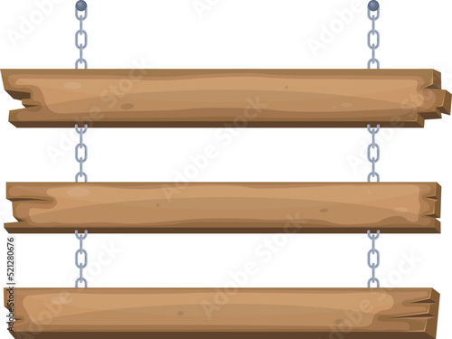 Wooden sign boards hanging from chain © Ovidiu