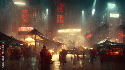 Fantasy Futuristic Chinatown Market In The Rain, generative AI