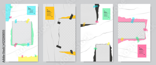 Vector illustration. Torn paper effect. Color note stickers. White banner collection. Design for flyer, discount voucher, coupon, social media story template. Rumpled plastic wrap. Photo frame overlay