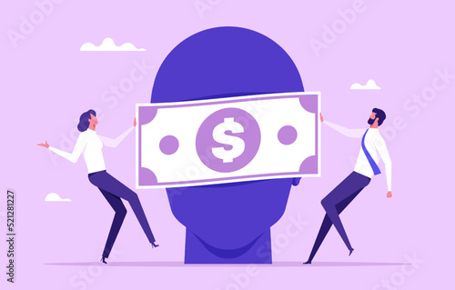 Businessperson with cash money dollar banknote covering the eyes of a businessman. Bribery concept. Vector illustration