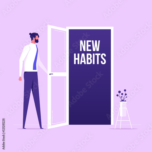 New habits for businessman. Man opens door looking for new direction. Successful businessman in suit with briefcase. Choose a new direction, make a choice concept. Vector illustration