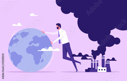 Businessman trying to save planet earth from climate change. CO2 emission. Climate change problem concept. Flat cartoon vector illustration