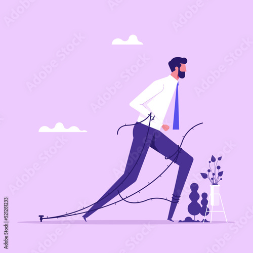 Business difficulty concept. Man overcomes obstacles and difficulties for career growth and success. Ropes bind progress of entrepreneur, businessman trying to break the trap