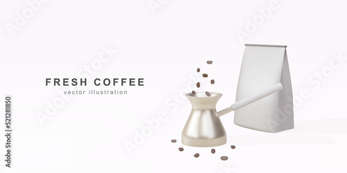 3d banner with realistic  golds Turku, package for coffee and coffee beans on a white background. Vector illustration.