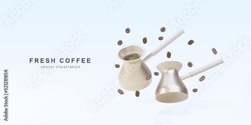 3d banner with realistic two golds Turku for coffee and coffee beans. Vector illustration.