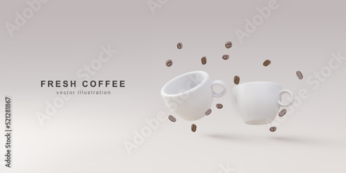 3d banner with realistic two paper coffee cups and coffee beans. Vector illustration.
