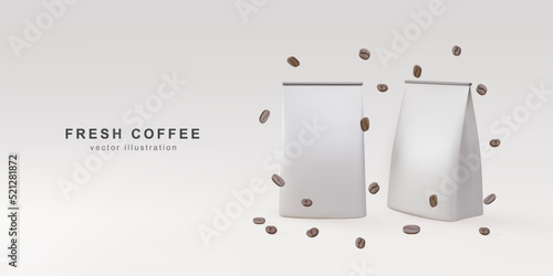3d banner with realistic two package coffee and coffee beans on a grey background. Vector illustration.