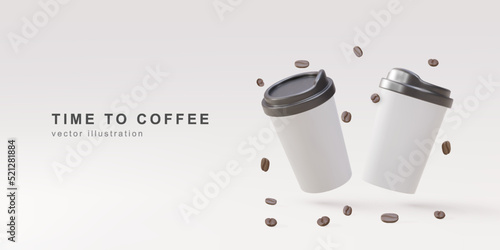 3d banner with realistic two paper coffee cups and coffee beans on a grey background. Vector illustration.