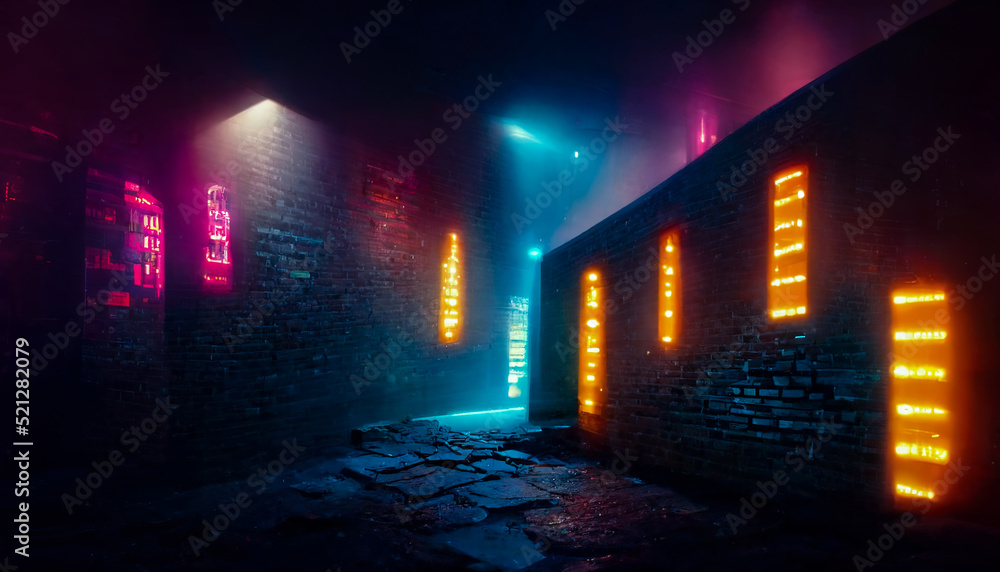 Leinwandbild Motiv - MiaStendal : Old brick wall with neon lights. Dark empty old night street, smoke, smog. Textured brick walls 3D illustration.