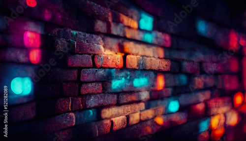 Old brick wall with neon lights. Dark empty old night street, smoke, smog. Textured brick walls 3D illustration.