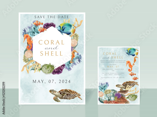 Wedding invitation card with under sea illustration