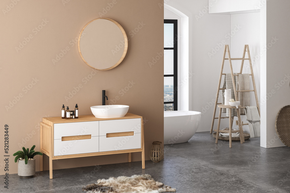 Modern bathroom interior with beige walls, white sink with oval mirror