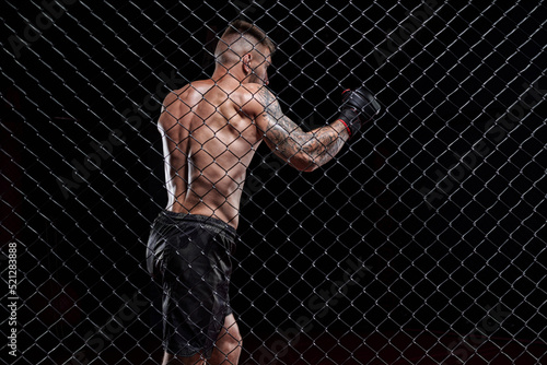 Dramatic image of a mixed martial arts fighter standing in an octagon cage. The concept of sports, boxing, martial arts.