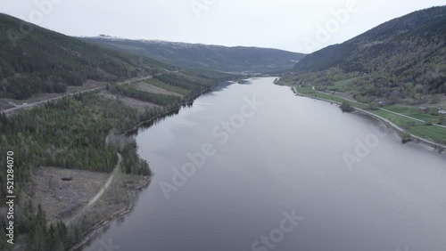 Aerial drone footage of a river on a cloudy day in Al, Hallingdal, Norway photo