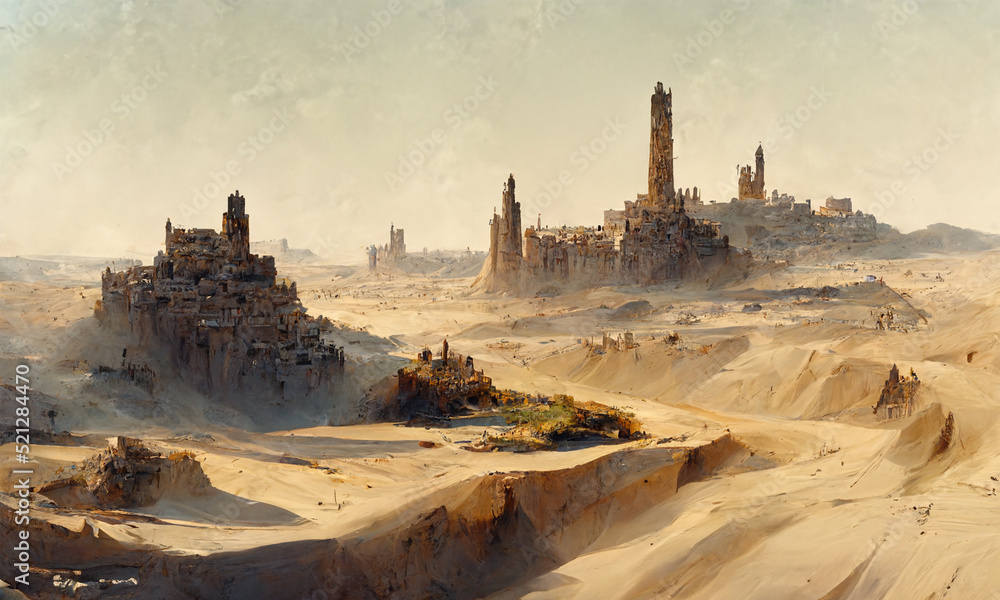 Ancient lost city ruins in desert, digital landscape background Stock