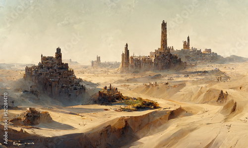 Ancient lost city ruins in  desert, digital landscape  background