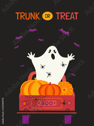 Cute Halloween Trunk or Treat flat vector poster. Holiday truck with scary ghost, pumpkins, spider web, bats cartoon design element. Happy Halloween holiday fun event spooky background illustration
