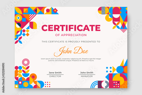 Bauhaus inspired certificate of appreciation with square figures and text. Minimal modern abstract brochure. Abstract background with basic figures