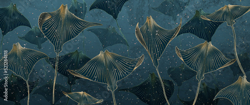 Watercolor art background with stingray fish in the ocean in golden line style. Blue hand drawn banner for wallpaper design, fabric, print, decor.