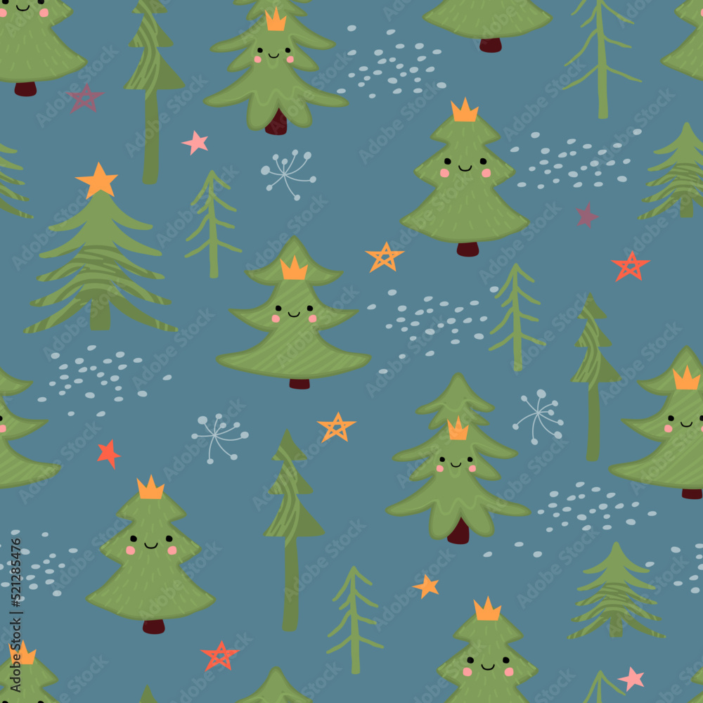 Hand drawn childish irregular seamless pattern with cartoon Christmas trees,stars and dots.Colorful background and texture for printing on fabric and paper.Vector flat illustration.
