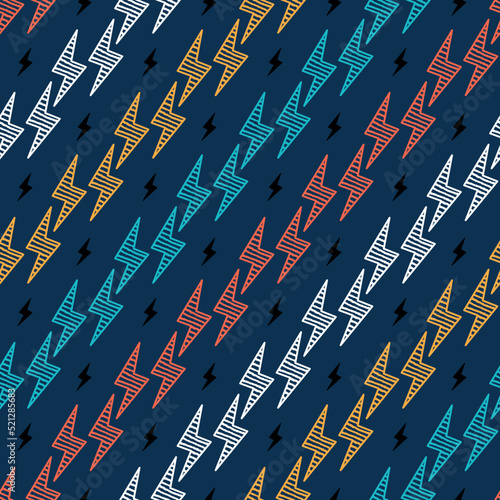 Multicolor Flash. Lightning Bolts Seamless Pattern. Colorful Vector Background with Doodle Lightning Signs, Thunderbolts, Energy Thunder bolt. Rainbow colors.