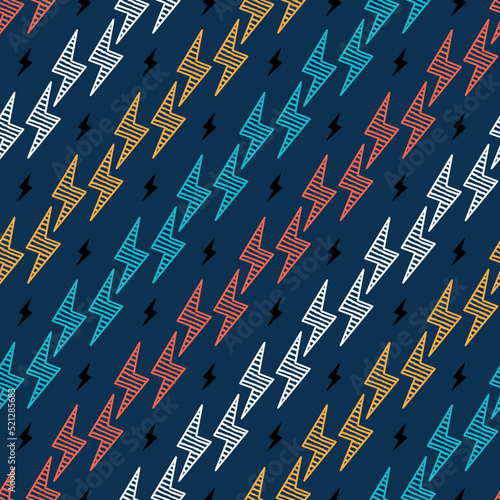 Multicolor Flash. Lightning Bolts Seamless Pattern. Colorful Vector Background with Doodle Lightning Signs  Thunderbolts  Energy Thunder bolt. Rainbow colors.