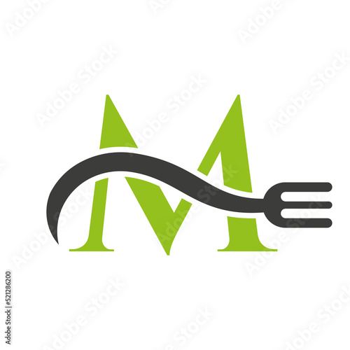 Letter M Restaurant Logo Concept With Fork Vector Template