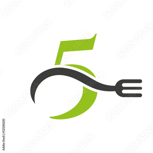 Letter 5 Restaurant Logo Concept With Fork Vector Template