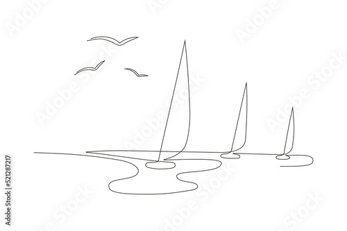 Continuous line drawing of three sailboats sailing on the sea. Line art vector illustration of sailing yachts.