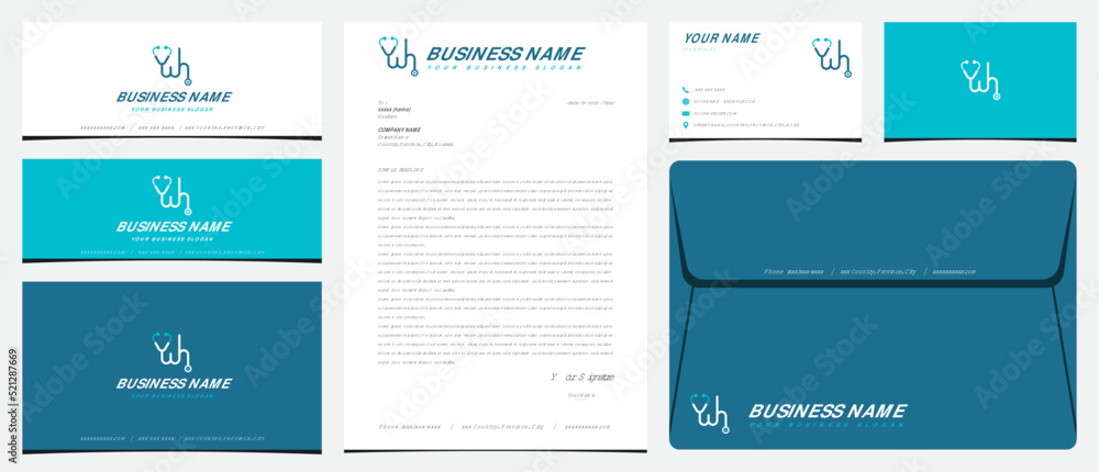 WH or WYH doctor logo with stationery, business cards and social media banner designs