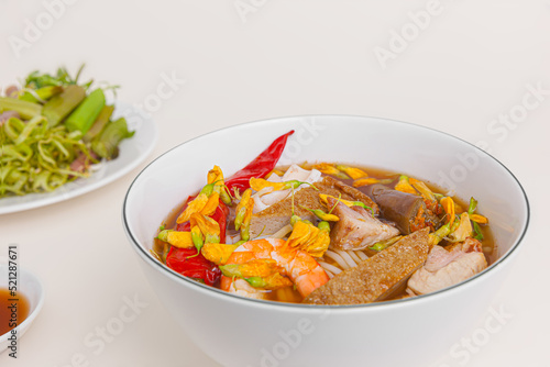 Bun mam, Vietnamese rice noodle soup with shrimp fish paste, Vietnamese food isolated on white background, close-up