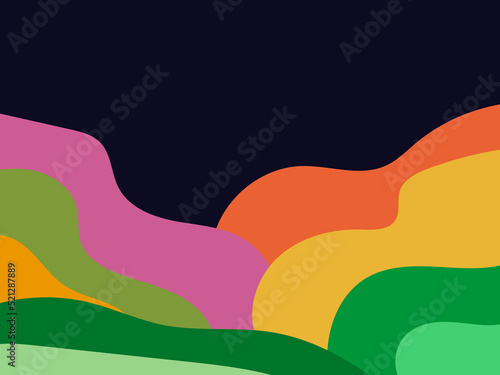 Colorful wavy landscape in a minimalistic style. Flat design. Boho decor for prints, posters and interior design. Mid Century modern decor. Vector illustration