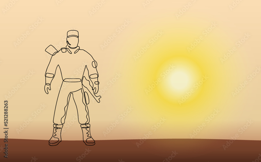 Silhouette of Solider against sunrise. One continuous line drawing of modern Military man. Concept - Army and honor, protection and patriotism. Vector Silhouette of Solider against sunrise. One continuous line drawing of modern Military man. Concept - Army and honor, protection and patriotism. Vector