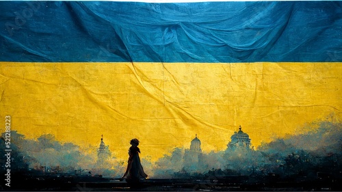 Tableau sur toile Kiev Silhouette on Ukrainian Flag Illustration