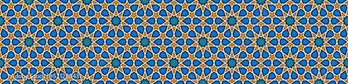 Islamic traditional pattern. Arabic design, 3d geometric ornament, seamless repeat pattern, grirh style. Blue and yellow mosaic tile, abstract background. Vector illustration photo