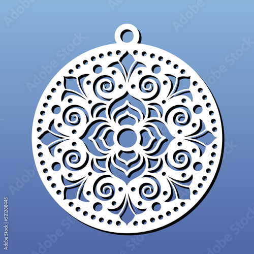 Laser cut mandala coaster, pendant, wall art. CNC cutting template, stencil for carving or fretwork. Paper art, vinyl, metal. Abstract geometric circular ornament. Vector illustration