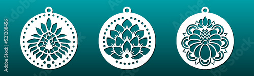 Laser cut mandala coasters, pendants.  die stencil for cnc cutting. Chinese and indian floral  pattern with lotus flowers. Paper art, metal or vinyl  carving. Vector illustration