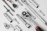 Open-end wrenches of various sizes with various hexagonal sockets. Composition on a white background