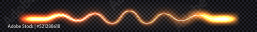 Fiery red-hot glowing light cable, electric impulse wave swirl, thunder bolt, energy power  trail, laser beam, twirl isolated curve line on transparent background; vector illustration