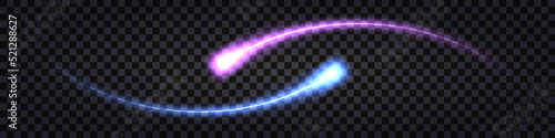 Neon glowing trails; laser beams with shiny light effect; blue and purple neon wave swirls. Electric thunder bolt; flashlight and ray lines on transparent background. Vector illustration
