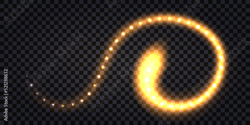 Glowing light swirl trail. Yellow laser beam, Neon   spiral twirl, electric thunder bolt and shiny sparks, dynamic movement. Isolated on dark transparent background. Vector illustration